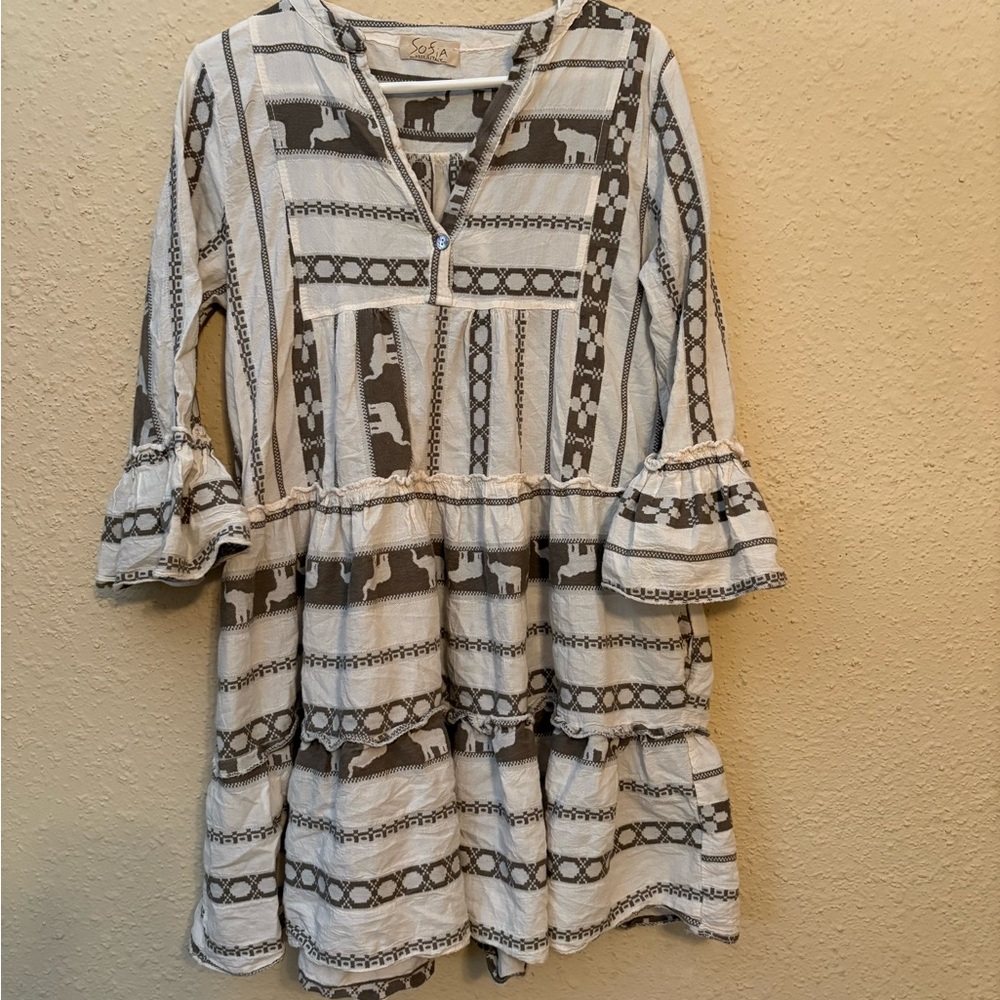 Beige and Brown Patterned Midi Dress